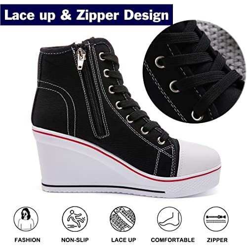 Womens Lace Up Heel Sneakers, Platform Wedge Sneakers Ankle Booties with Zipper Casual Canvas Fashion Sneaker for Girls3