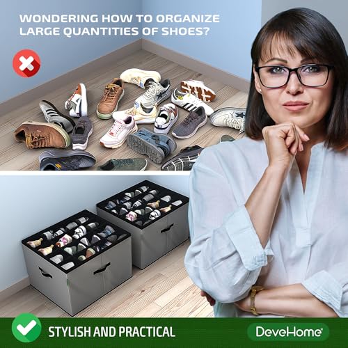 Shoe-Organizer-for-Closet-2-Pack-Large-Shoe-Box-Organizer-Fabric-Shoe-Storage-Bins-with-Clear-Cover-Collapsible-Shoe-Organizer-Durable-Shoe-Storage-Boxes-Fits-up-to-32-Pairs-Gray Shoe Organizer for Closet 2 Pack Large Shoe Box Organizer Fabric Shoe Storage Bins with Clear Cover Collapsible Shoe Organizer Durable Shoe Storage Boxes Fits up to 32 Pairs Gray