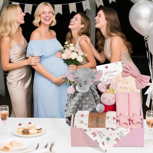 Image of Newborn Baby Girl Gift, 9 Pcs Baby Gifts for Girls Newborn Essentials, New Baby Girl Gift Basket Baby Shower Gender Reveal Gifts, New Mom Gift Swaddle Blanket Bunny Rattle Gift Set