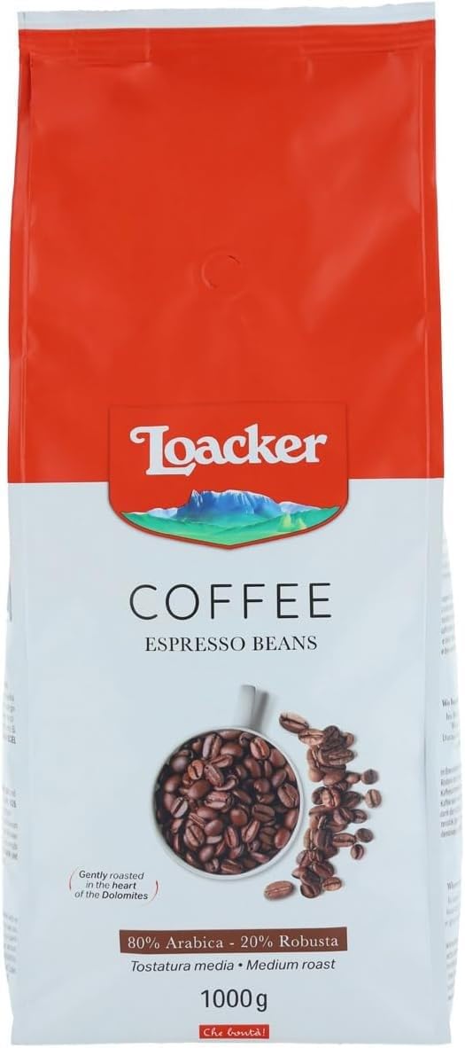 Loacker Caffè in Grani con Miscela di 80% Arabica e 20% Robusta, Ideale per Macchina Caffè e per Macinacaffè Elettrico, Aroma Intenso, 1 Confezione da 1kg
