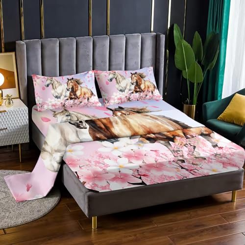 Xynhml Kids Galloping Horse Fitted Sheet Set 4Pcs Twin Animal Theme Handsome Horse Chic Cherry Blossom Bed Sheet Wild Animal Bed Cover For Boy Girl Includes 1 Fitted Sheet,1 Flat Sheet,2 Pillowcases thumb #2