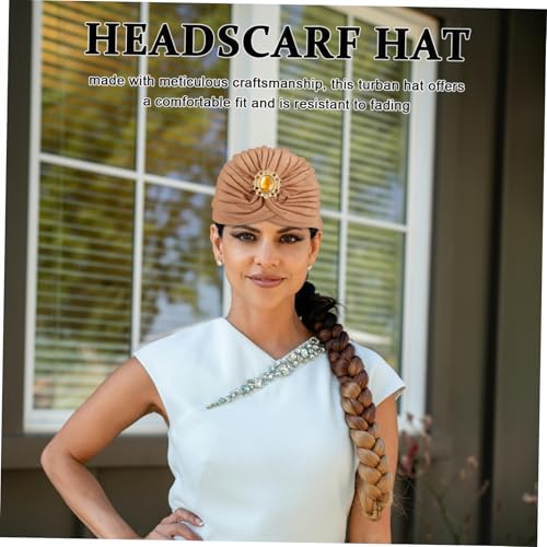 KESYOO Women Pre-Tied Turban Hat Rhinestones Comfortable Soft Beanie Cap Distinctive Twisted Head Wrap for Fashionable Women and Girls Sparkling Alloy Accents Light Coffee 5