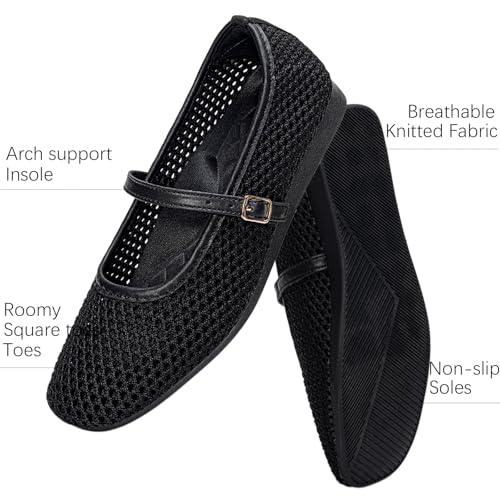 Image of Buyrew Women's Mary Jane Flats Breathable Mesh Square Toe Ballet Flats with Arch Support Washable Non Slip Casual Dress Shoes for Work Office