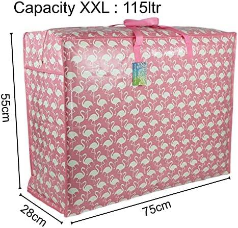 Pink flamingo print Extra Large Storage Bag Water & Dust Resistant. Double zipped. For toys, laundry, bedding. Underbed Wardrobe Space Saver (115 ltr 2x Pack)