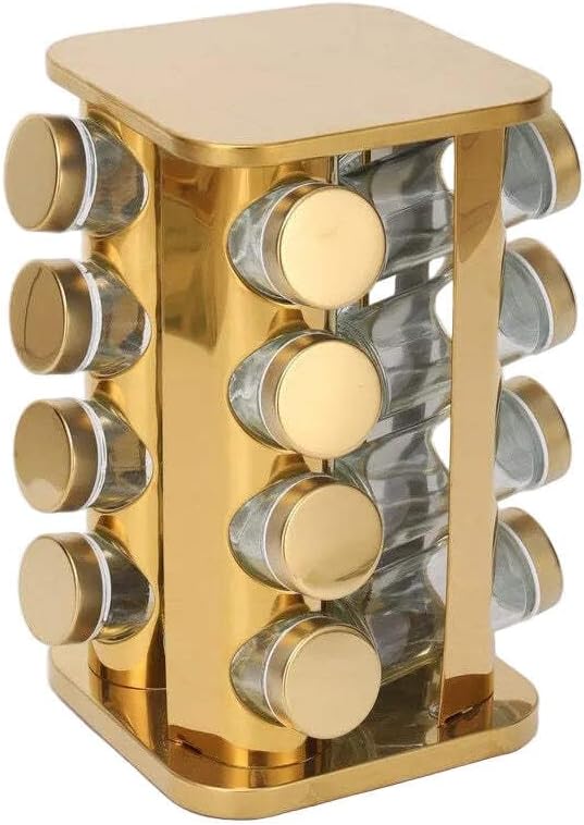 Multi-Layer Stainless Steel Rotating seasonings Rack Nordic Kitchen Special 360 Degree Turntable seasonings Storage Rack Wholesale Square Golden Spice Rack [16 Spice Bottles]