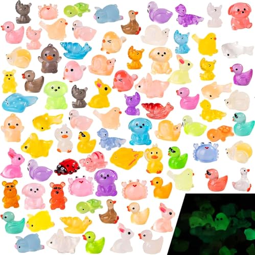 Teenzee 120 pcs Luminous Mini Resin Animals to Hide Glow in The Dark Figures Miniature Little Small Animal Figurines Bulk for Micro Fairy Garden Landscape Accessories Hide Crafts Decor Aquarium
