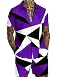 Conjunto de dos piezas para hombre: camisa de manga corta con estampado de cuadros y rayas tropicales y pantalones cortos con cintura elástica y cordón Conjunto de ropa de verano y para la playa