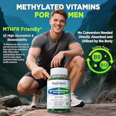 Methylated Multivitamin for Men Gummies, Men`s Multivitamins Gummies with Vitamin B Complex, A, C ,D3, E, K2, Calcium, Magnesium, Omega-3, Energy & Immune, Vegan, 50 Plus, Sugar Free, 60 Count