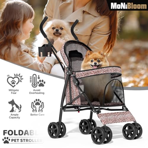 Image of MoNiBloom 4 Wheels Pet Stroller, Easy-Fold Umbrella Shaped Dog Cat Jogger Stroller w /Storage Bag & Visible Mesh for Small /Medium Dogs Cats Leopard Print