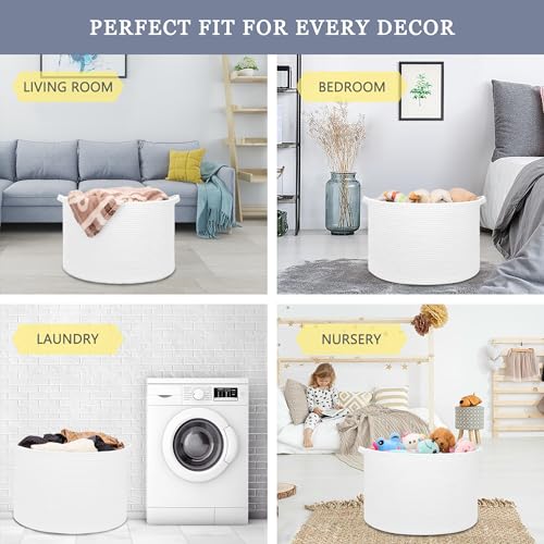 Image of Extra Large Blanket Basket 87L, Laundry Hamper, Baby Nursery Hamper for Storage Toys Clothes Towels, Large Cotton Rope Laundry Basket for Girls Boys, 22 inchx 14 inch, White