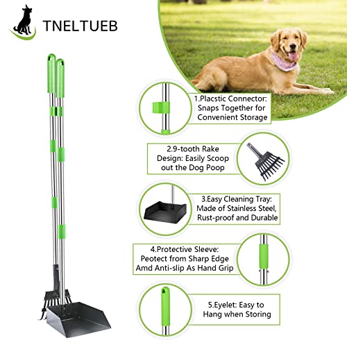 Image of TNELTUEB Dog Pooper Scooper, Metal Pet Poop Tray and Rake with Long Stainless Handle Best Bin with Rake for Large Dog (2 Pcs Green)