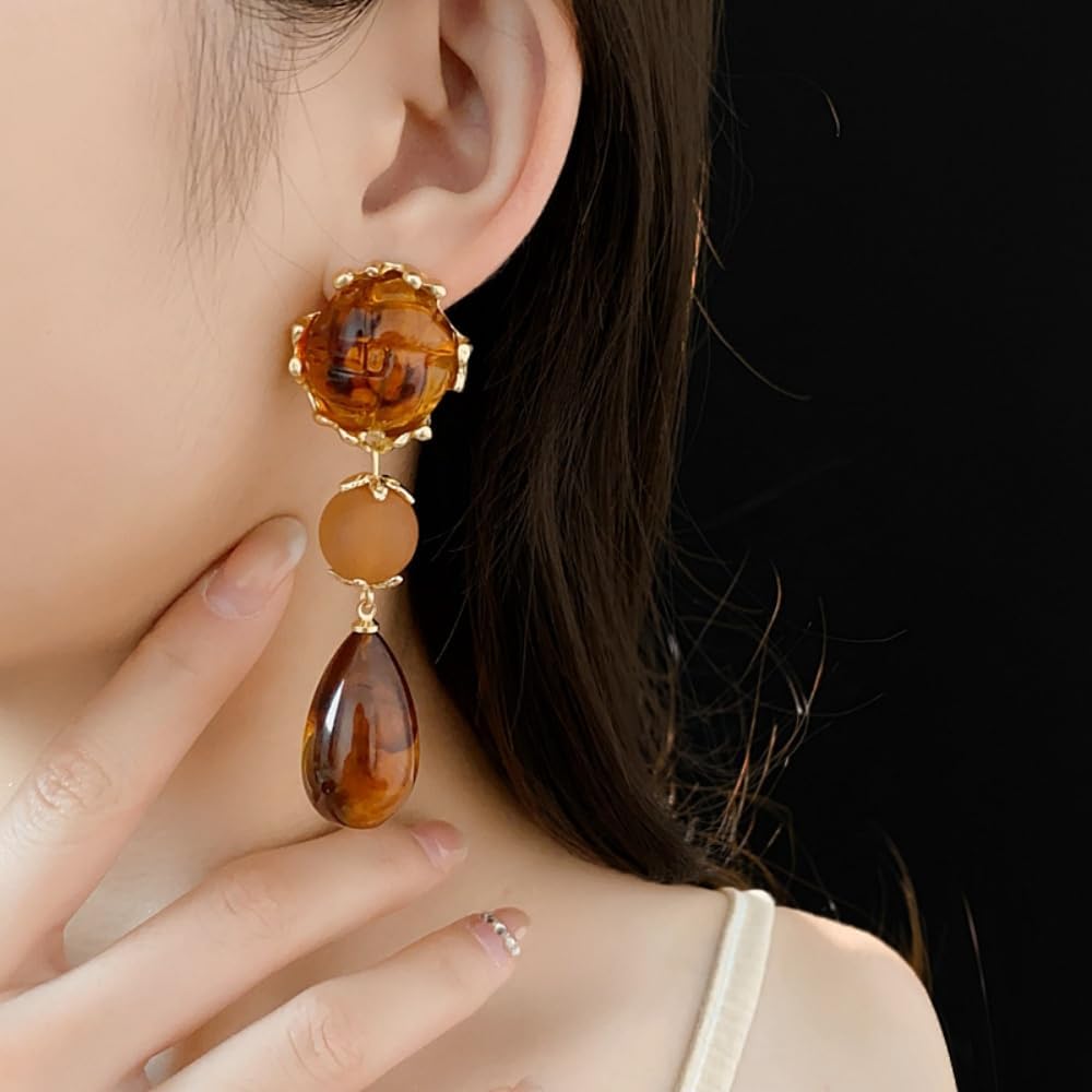 Retro Amber Teardrop Dangle Earrings for Women Silver Stud Post Hypoallergenic Big Brown Waterdrop Resin Round Knot Statement Drop Dangling Earring Vintage Holiday Birthday Theme Party Jewelry Gifts - Image 3