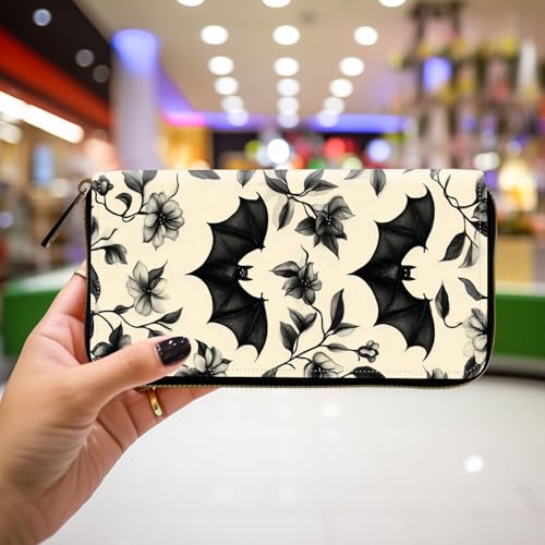 Wallet,Leather Long Wallet Suitable For Ladies And Teenagers - Detachable Wristband + RFID Travel Wallet With Card Slot - Floral Bats Pattern4