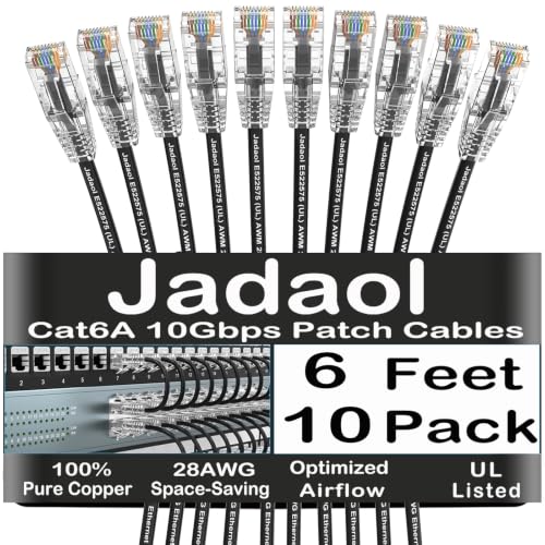 Jadaol [UL Listed Cat6A Patch Cables 6FT (10Pack) 10Gbps 550MHz Black