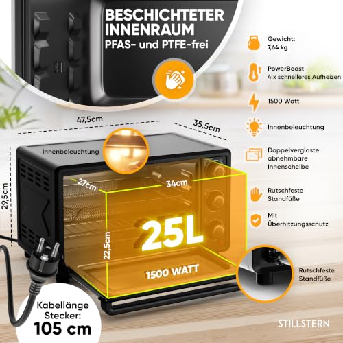 Foto von Stillstern Minibackofen mit Umluft 25L (DE Version) Pizza Ø25, CYCLONE PRO+ Antihaftbeschichtung, Auftauen, 2h Timer, Camping Mini Backofen Umluft Pizzaofen Mini Ofen klein Hähnchengrill mit Drehspieß
