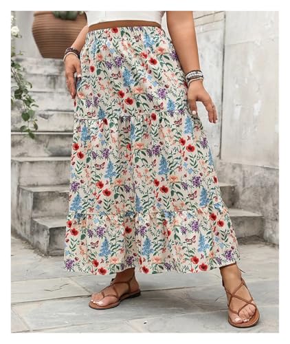 Chiffon Skirt Plus Size Floral Print Sweet Long Skirts Women Summer Elastic Waist Vacation Casual Big Swing A-Line Skirt for Chiffon(2XL) Multicolor4