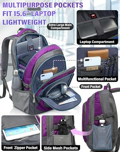 Image of ProEtrade Extra Large Backpack Bookbag for College Travel Laptop Business Hiking Backpack Fit Laptop Up to 17 Inch Sturdy Multi Compartment Gifts for Men Women Night Light Reflective (Light Purple A)