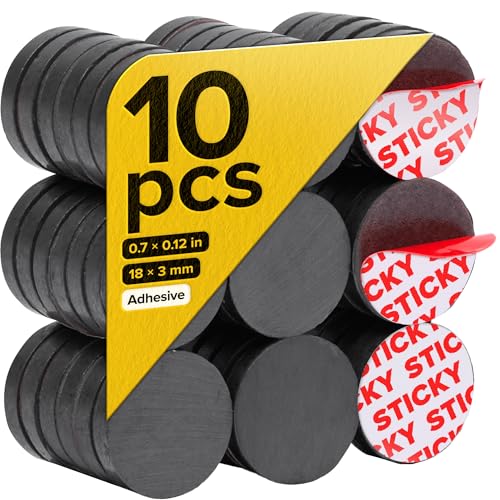Image of Strong Ceramic Round Small Magnets with Adhesive Backing (0.7x0.12 /18x3mm, 10 pcs) - Heavy Duty Sticky Magnets, Non-Corrosive, Versatile for Home, Office, Workshop, Whiteboard, Fridge and Hobby Use