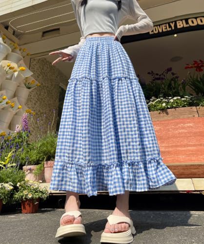 chouyatou Women's Vintage Plaid Ruffle Skirt High Elastic Waist A Line Swing Pleated Long Skirt3