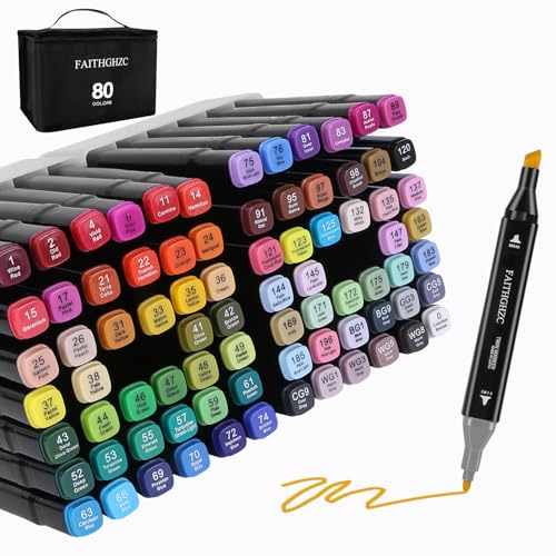 FAITHGHZC 80 Colors Alcohol Markers Set Coloring Pens for Adults Felt Tip Pens for Drawing Sketching Manga Fun Doodling Gifts for Family and Friends