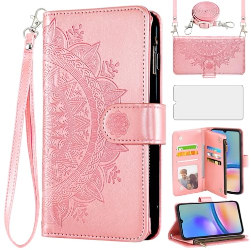 Étui portefeuille Samsung Galaxy A05s avec protège-écran verre trempé et porte-carte Or Rose