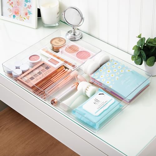 Image of STORi SimpleSort 2-Piece Stackable Clear Drawer Organizer Set | 12 inch x 9 inch x 2 inch Rectangle Trays | Wide Makeup Vanity Storage Bins and Office Desk Drawer Dividers |