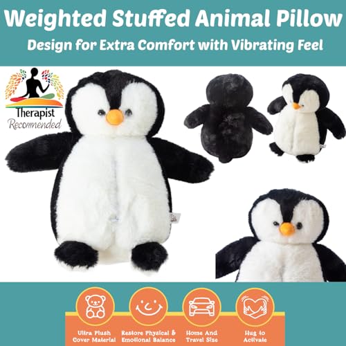 Penguin Sensory Weighted Vibrating Pillow, Pressure Activated for Kids Adults, 11x20, Pillow Animal, Calming Therapy for Focus and Balance, Weighted Stuffed Animals, Weighted Plush, Sensory