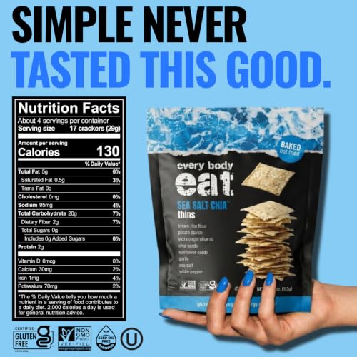 Image of Every Body Eat Gluten Free Crackers, Sea Salt Chia - Plant Based Snacks, Vegan Snack Crackers, Dairy Free, Seed Oil Free (Pack of 6), 4 oz Bags