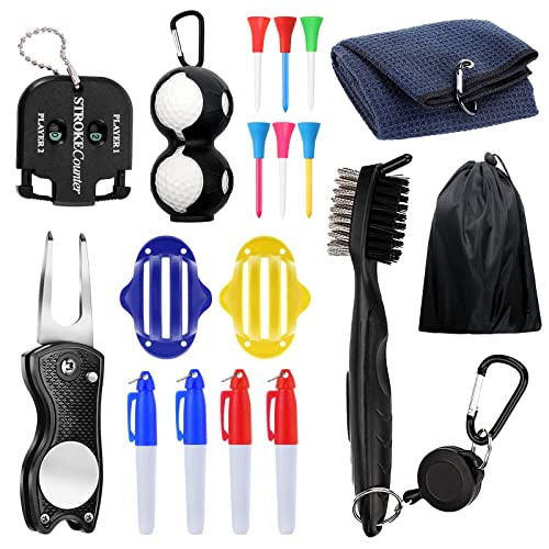 ZUOLUN Golf Accessories Kit, 18 PCS Golf Club Cleaning Kit, Golf Towel, Golf Brush, Golf Score Counter, Golf Ball Holder, Golf Pouch Bag, Golf Divot Tool,Golf Line Marker, Golf Marking Pens, Golf Tee