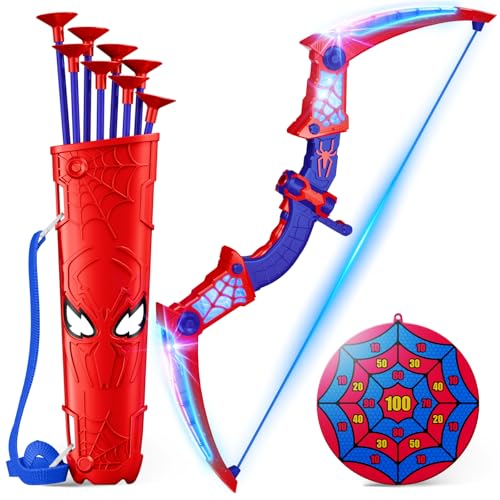 Spider Toys for Boys Age 3-4 4-6 6-8 8-12, Kids Toy BowArrow Shooting Set with Red & Blue LED Lights, Spider Quiver & Web Target, 8 Suction Cup Arrows, Toys Gifts for 3 4 5 6 7 8 9 10 12 Year Old Boys