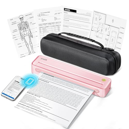 Image of D90E Inkless Portable Printer for Travel, Supports 8.5 x 11 Inch Thermal Paper Wireless Thermal Printer Bluetooth, with Travel Case & 10 Sheets for Students, Office, School, Pink 1pack