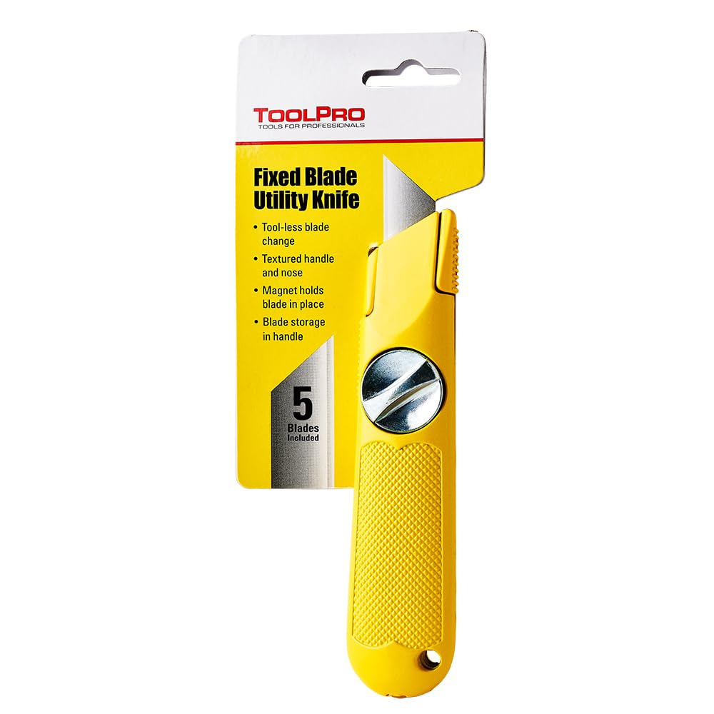 ToolPro Fixed Blade Utility Knife - Heavy Duty Construction Knife with Extra Blade Storage and Magnetic Retainer, 5 Extra High Carbon Steel Blades
