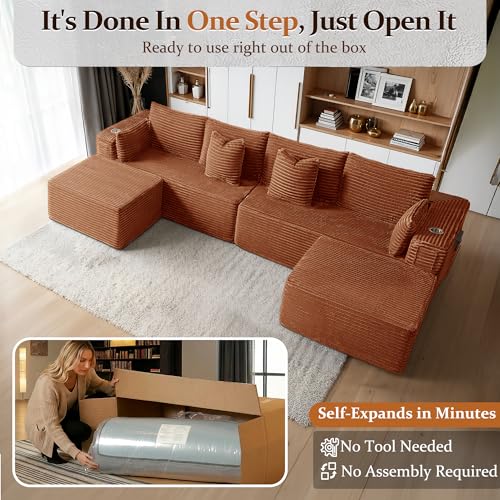 Image of 138 inch Cloud Sectional Couch, Comfort U Shaped Sofa for Living Room, Extra Deep Seats No Assembly, Minimalist Modular Couch, Corduroy (Deep Orange, 6 Seats,U-Shape A)