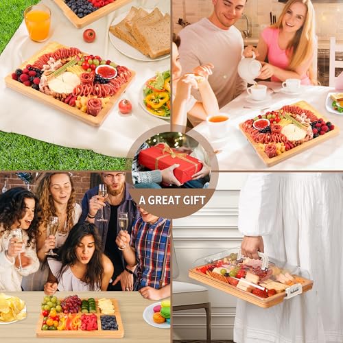CAWIU Charcuterie Board with Lid and Handle - Portable Travel Design Bamboo Cheese Board Set with 4 Cheese Tools, Gift for Housewarming, Weddings, Picnics(8 Compartments, White) — view 6