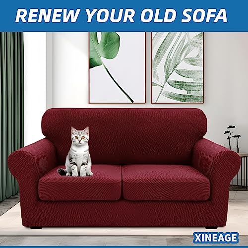 XINEAGE 2025 New 3 Pieces Couch Covers for 2 Cushion Sofa Super Stretch Loveseat Slipcover Pet Dog Universal Slip Cover Anti Slip Love Seat Furniture Protector (Wine Red, 55"-69")