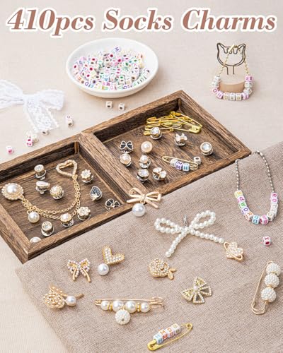 RQAYE 410Pcs Shoe Charms for Sneakers,Junk Socks Charms Kit with Letter Beads, Gold Brooches and Pins for Women, Gold Charm for Socks and Sneakers, Pearl and Rhinestone