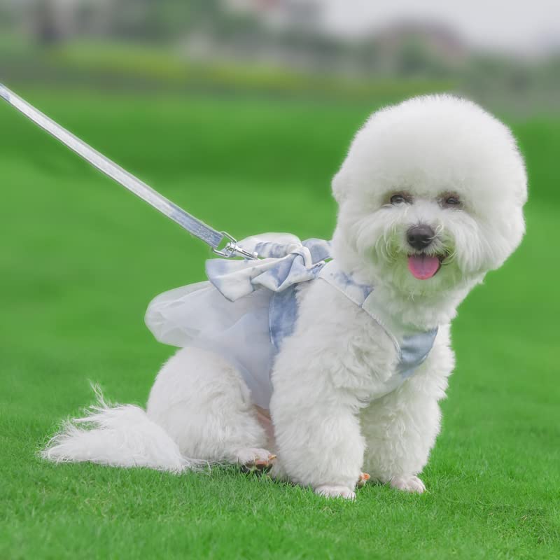 Image of HDKUW Dog Harness Dress with Leash Set,Sweet Colorful Bow Dog Dress Soft Tutu Vest Pet Clothes for Cats Puppy Small Dogs Gray S