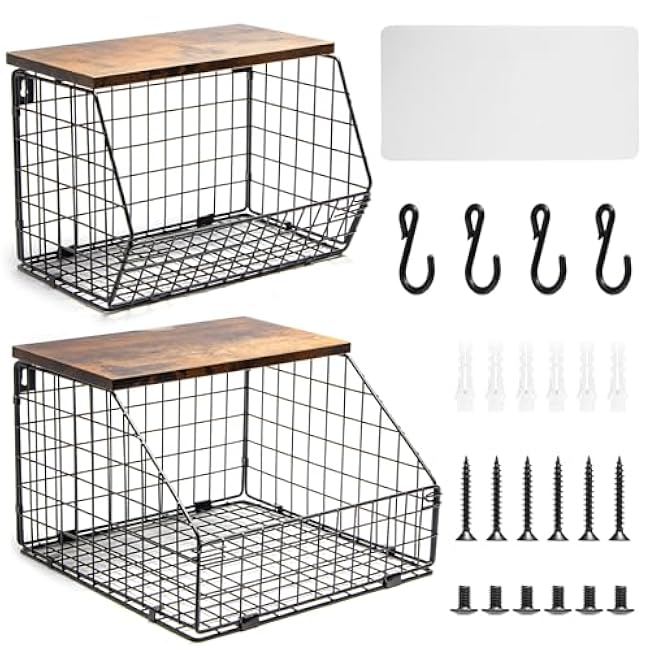 Kitchen Storage Baskets Fruit and Vegetable Baskets for Kitchen Countertop, 2 Sets Wire Wall Fruit Basket, 2 Tiered Hanging Produce Onion Potato Storage Snack Door Pantry Organizer