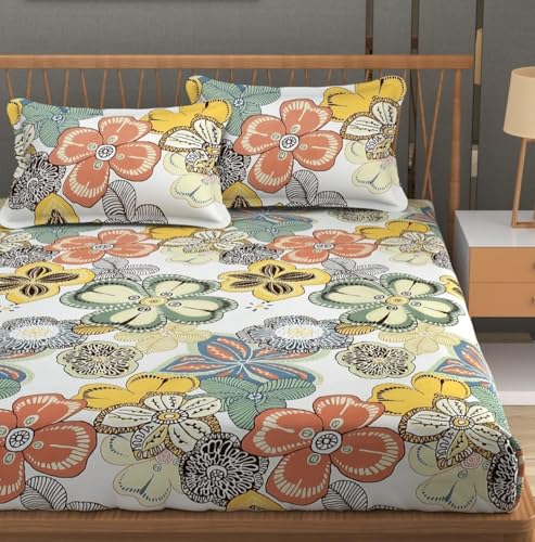 Image of NEW LEAF Premium Cotton 220 TC Elastic Fitted Bedsheets with 2 Pillow Covers Double /King Bed with All Around Elastic Wrinklefree Supersoft Breathable |Size-78 x72+10 inches Jaipuri Prints, Multicolor