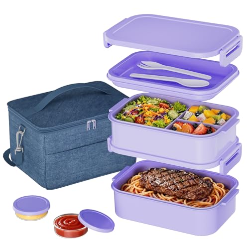 Adults Lunchbox Bento Box with Lunch Bag for Women-74 OZ All-in-One Stackable Lunch Box for Adults Kids Leakproof Bento Large Lunch Box Containers with Fork Spoon Sauce Box for Work School (Purple) - image 1