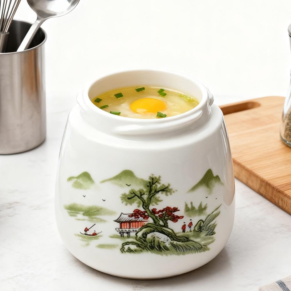 Coddled Eierbecher 2er Set, Vintage Keramik Weich Gekochte Eierkocher mit Deckel, 220ml Porzellan Geschirr für Frühstück, Gedämpfte Eier Schale, Chawanmushi Tassen