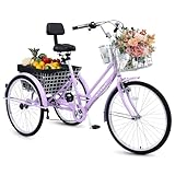 26 Inch 3 Wheel Bike for Adult,7 Speed Adult Tricycle, Trike Cruiser Bike with Basket and Adjustable Seat, Carbon Steel Three-Wheeled Bicycle with Coffee Cup for Shopping, Picnic, Outdoor Sports