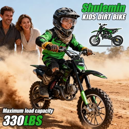 Image of 50CC Kids Dirt Bike,2-Stroke Gas Powered Mini Dirt Bike for Kids Up to 35 MPH Off-Road Motorcycle with 10-Inch Tires Disc Brakes 330LBS Max Load Pull Start Gift for Boys Girls Youth 8-14 (Green 2026)