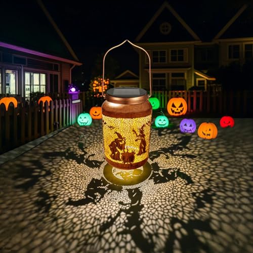 Solar Halloween Decorations Outdoor Witch Lanterns Garden Decor Metal Hanging Solar Lights Waterproof Outdoor Halloween Decorations Lights for Party Yard Patio Lawn Pathway Landscape