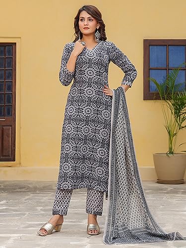 Image of GoSriKi Women's Cotton Blend Straight Printed Kurta with Pant & Dupatta