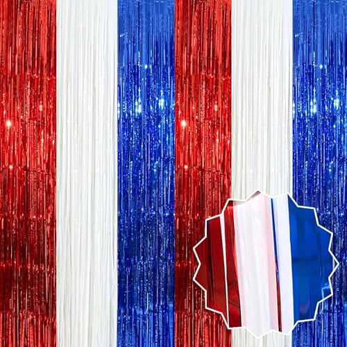 Image of 3 Pack White Blue Red Foil Fringe Curtains Backdrop, 3.28 x 9.8 Ft Metallic Streamers Tinsel Curtains Background for Photo Booth, Birthday, Halloween, Christmas, New Year Party Decorations