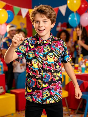 Image of uideazone Boys Hawaiian Shirts Novelty Printed Funky Short Sleeve Button Down Shirt Kids Aloha Luau Shirt 7-14T