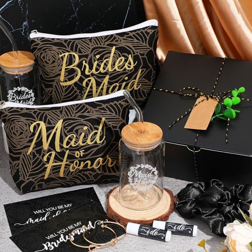 FillTouch 54 Pcs Bridesmaid Proposal Gifts, Will You Be My Bridesmaid, Maid of Honor Bride Gifts Include Gift Box Makeup Bag Invited Card Glass Cup Lip Balm Scrunchie Knotted Bracelet(Black) by FillTouch - Image 6