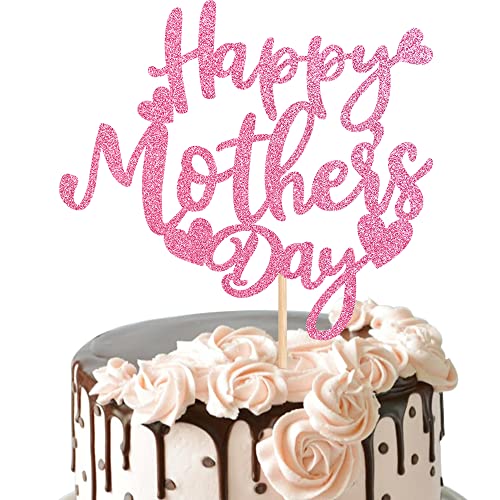 1 Pcs Happy Mother's Day Cake Topper With Glitter Heart Love Mother Best Mom Cake Pick Decorations For Happy Mother's Day Theme Women Birthday Party Supplies Pink #TOP7