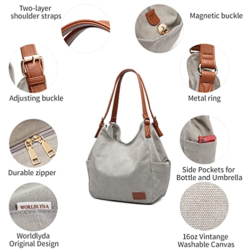 Image of Worldlyda Women Canvas Hobo Purse Multi Pocket Tote Shopper Shoulder Bag Casual Top Handle handbag with Embroidery Ethnic
